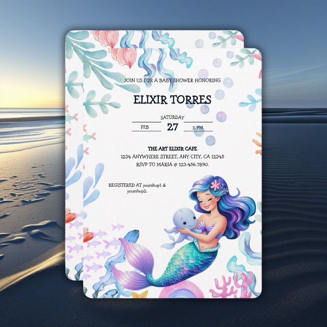 Cute Mermaid Under the Sea Watercolor Baby Shower Invitation (Creator Uploaded)