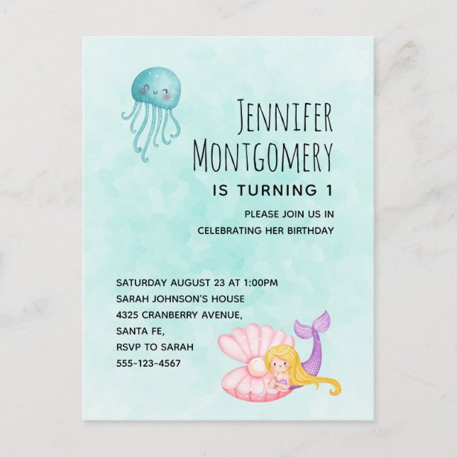 Cute Mermaid Under the Sea Watercolor Birthday Invitation Postcard (Front)