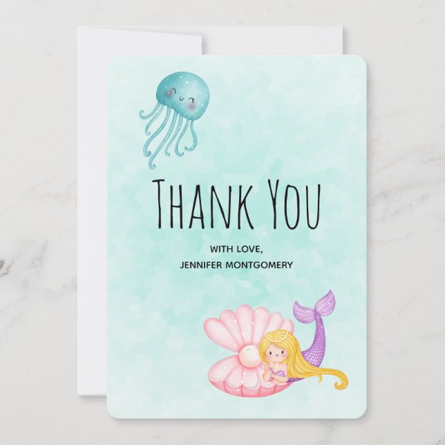 Cute Mermaid Under the Sea Watercolor Thank You Card (Front)