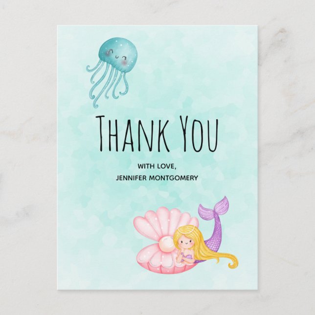 Cute Mermaid Under the Sea Watercolor Thank You Postcard (Front)