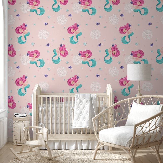 Cute Mermaid Under Water Corals Soft Peach Nursery Wallpaper (Kids)