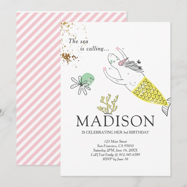 Cute Mermaid Unicorn Faux Gold Birthday Invitation (Front/Back)