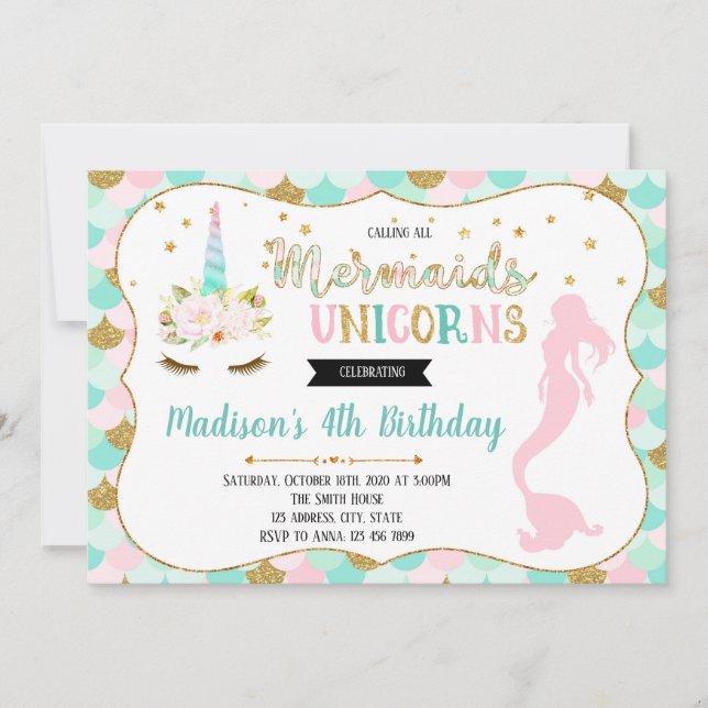 Cute mermaid unicorn party invitation (Front)
