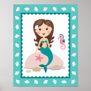 Cute mermaid wall art print for girls rooms