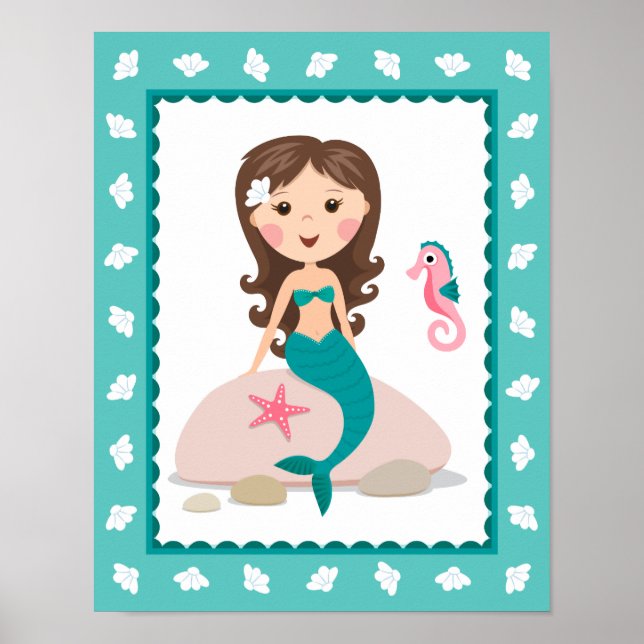 Cute mermaid wall art print for girls rooms (Front)