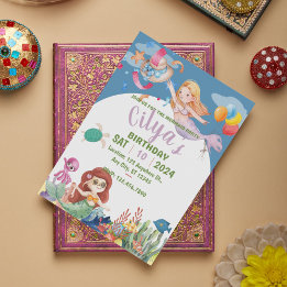Cute Mermaid Watercolor birthday Invitation