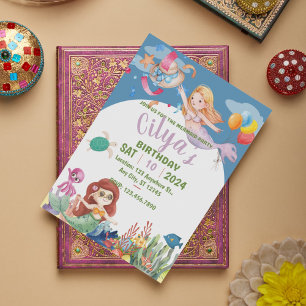 Cute Mermaid Watercolor birthday Invitation