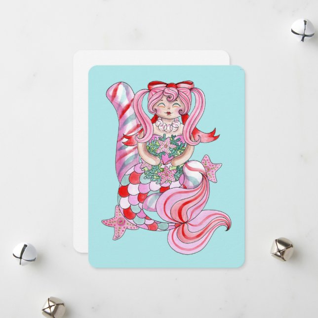 Cute Mermaid Watercolor Illustration Holiday Card  (Front/Back In Situ)