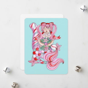Cute Mermaid Watercolor Illustration Holiday Card 