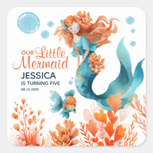 Cute Mermaid Watercolor Ocean Girl Kids' Birthday  Square Sticker