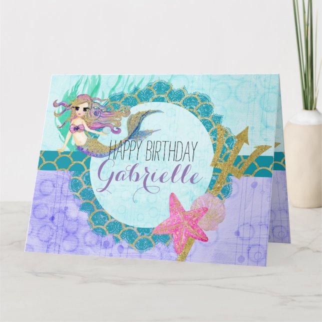 Cute Mermaid Watercolor Teal Purple Girl Birthday Card (Front)