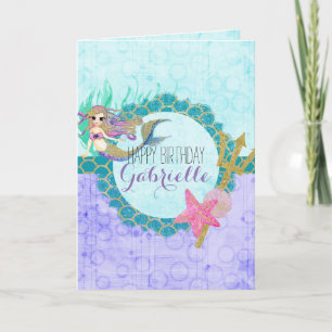 Cute Mermaid Watercolor Teal Purple Girl Birthday Card