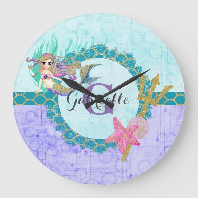 Cute Mermaid Watercolor Teal & Purple Monogram Large Clock (Front)