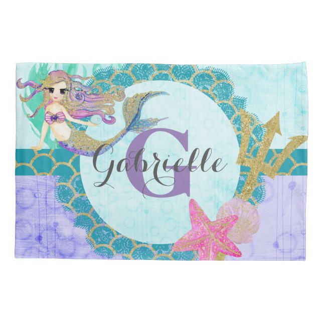 Cute Mermaid Watercolor Teal & Purple Monogram Pillowcase (Back)