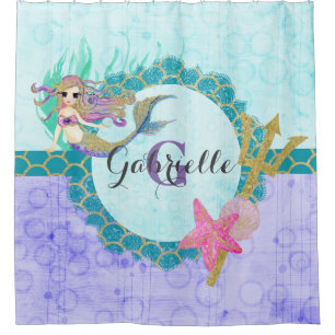 Cute Mermaid Watercolor Teal & Purple Monogram Shower Curtain