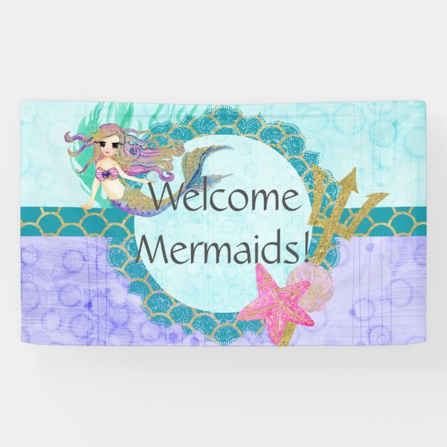 Cute Mermaid Welcome Mermaids Birthday Party Banner (Horizontal)