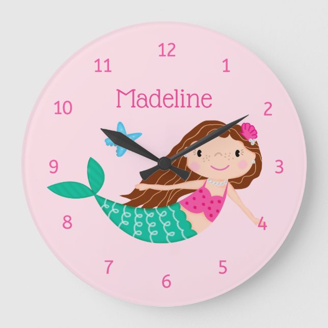 Cute Mermaid Whimsical Pink Personalised Large Clock (Front)
