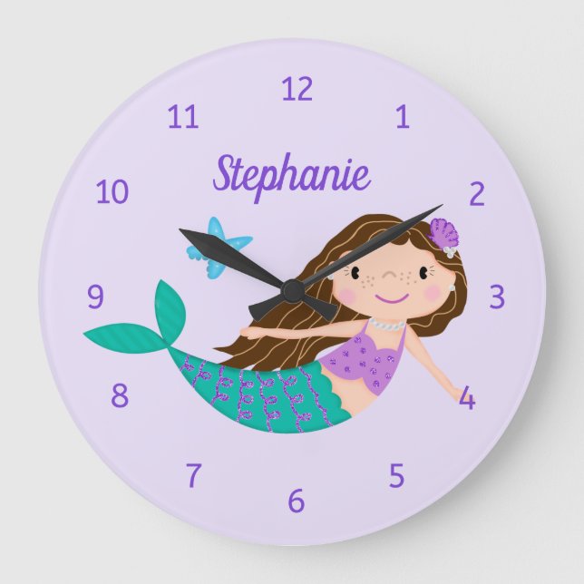Cute Mermaid Whimsical Purple Personalised Large Clock (Front)