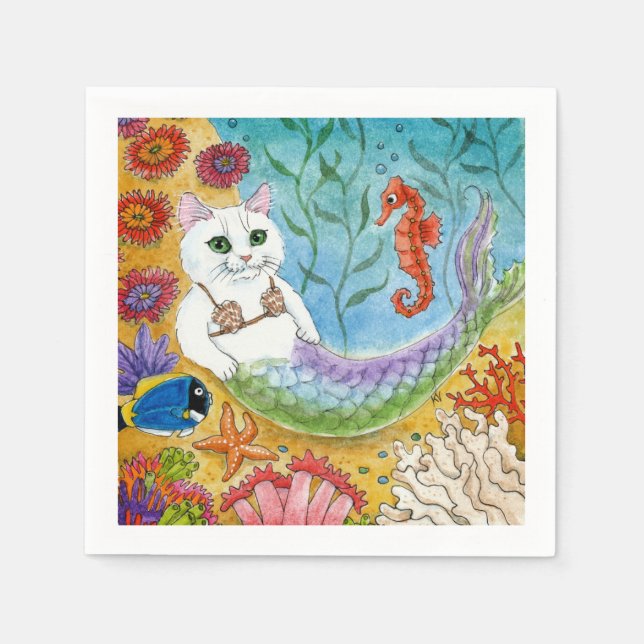 Cute mermaid white cat mercat party napkins (Front)