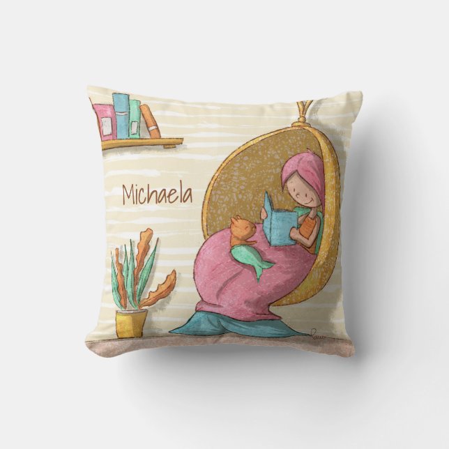 Cute Mermaid with Cat Reading Nook Cushion (Front)