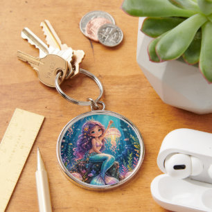 Cute mermaid with jellyfish lantern key ring
