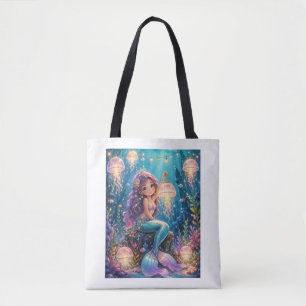 Cute mermaid with jellyfish lantern tote bag