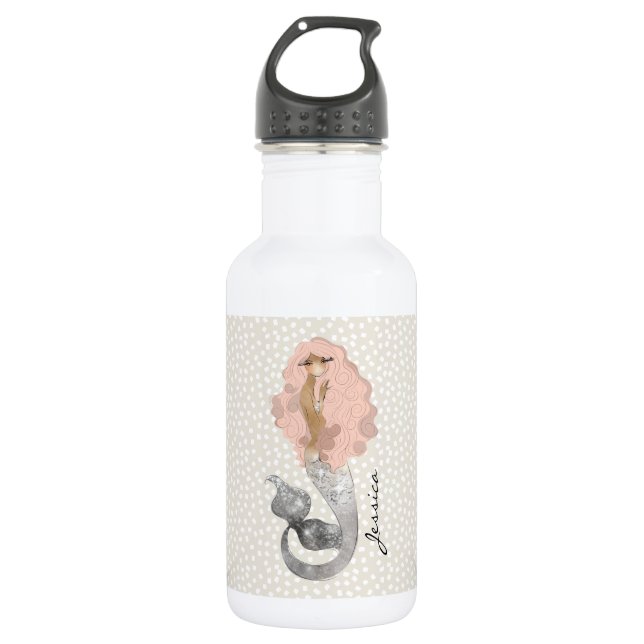 Cute Mermaid with Pink Hair and Your Name 532 Ml Water Bottle (Front)