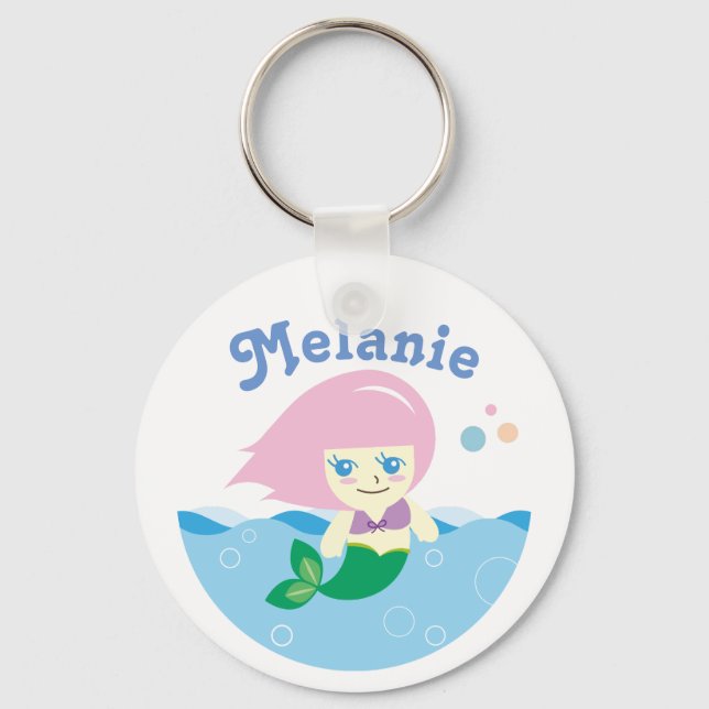 Cute Mermaid with Pink Hair Personalised Key Ring (Front)