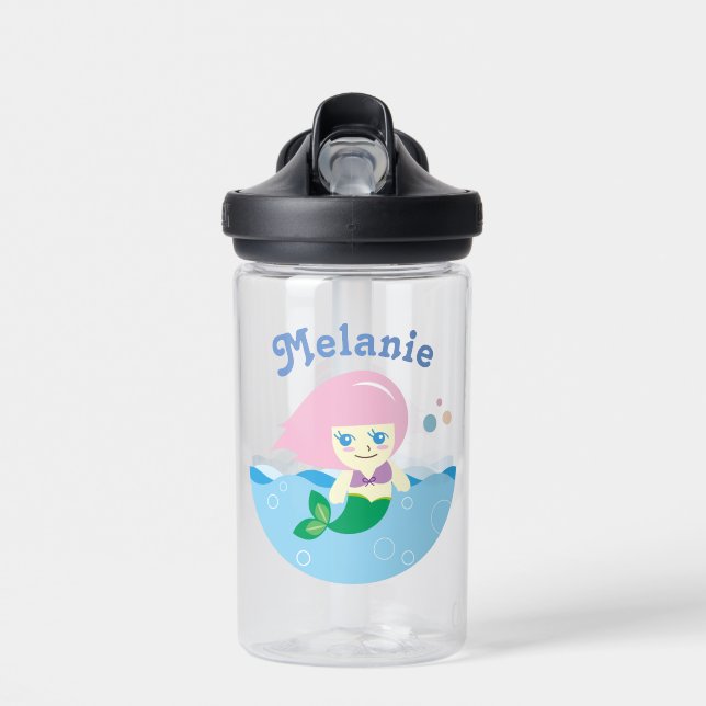 Cute Mermaid with Pink Hair Personalised Water Bottle (Front)