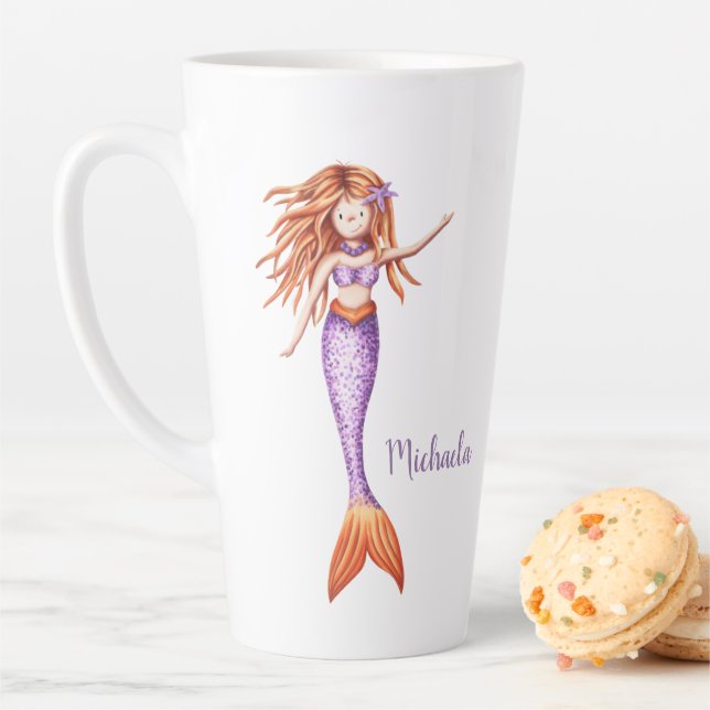 Cute Mermaid with Red Hair Purple Orange Tail Latte Mug (In Situ)