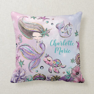 Cute Mermaid with Turtle and Narwhal Girl Nursery Cushion