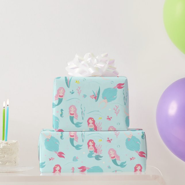Cute Mermaids Pink and Turquoise Pattern Wrapping Paper (Party Gifts)