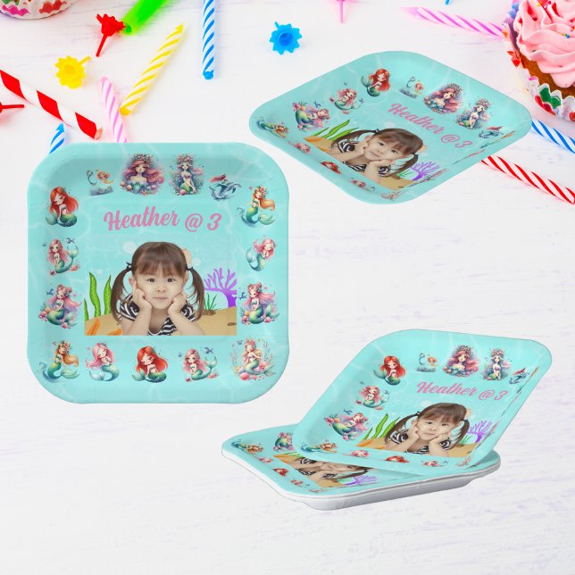 Cute Mermaids Under the Sea Photo Kids Birthday  Paper Plate (Creator Uploaded)