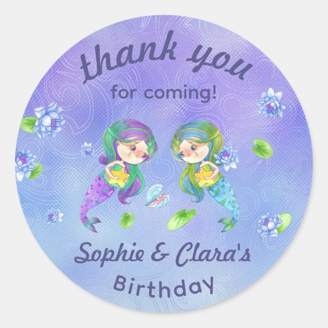 Cute Mermaids Under the Sea Twin Girls Birthday  Classic Round Sticker (Front)