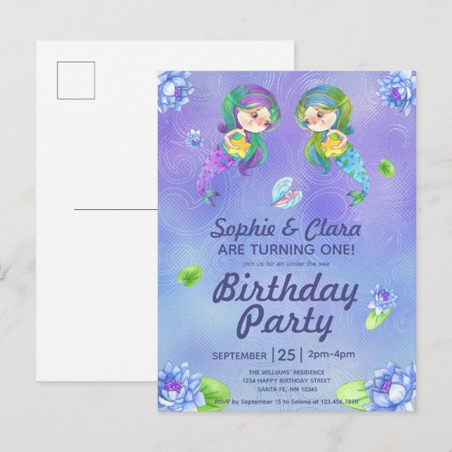 Cute Mermaids Under the Sea Twin Girls Birthday  Invitation Postcard (Front/Back)