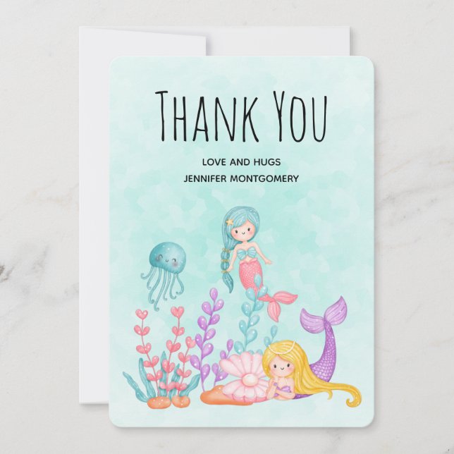 Cute Mermaids Under the Sea Watercolor Thank You (Front)