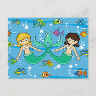 Cute Mermaids with Tropical Fish Postcard
