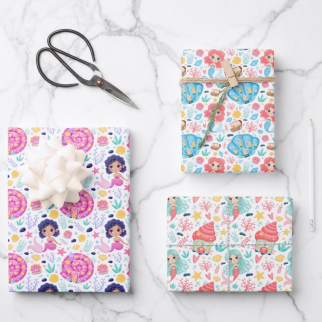 Cute Mermaids Wrapping Paper Set of 3 (Front)