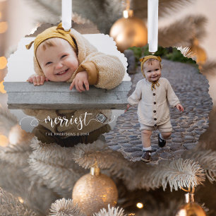 Cute Merriest Modern Calligraphy Photo Tree Decoration Card