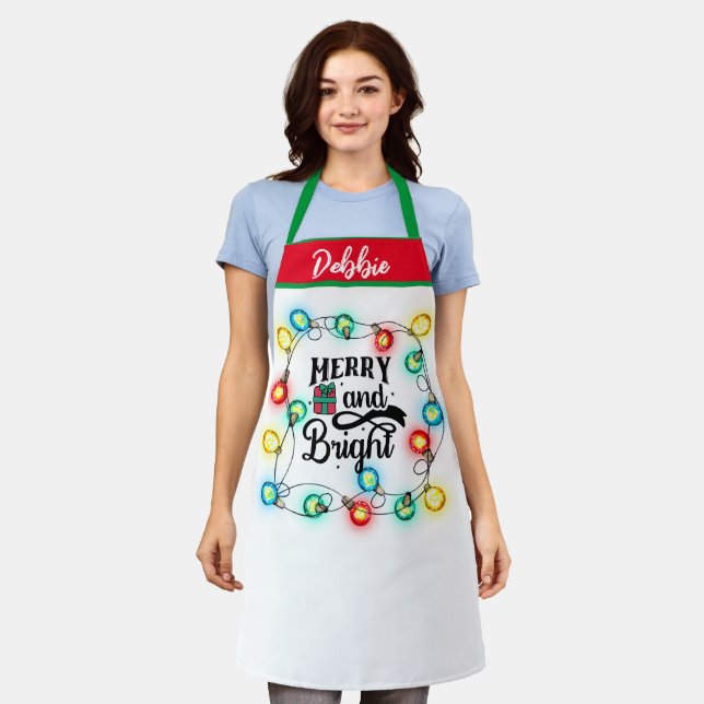 Cute Merry and Bright Holiday Lights Christmas Apron (Worn)