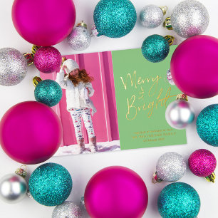 Cute Merry & Bright Photo Foil Holiday Card