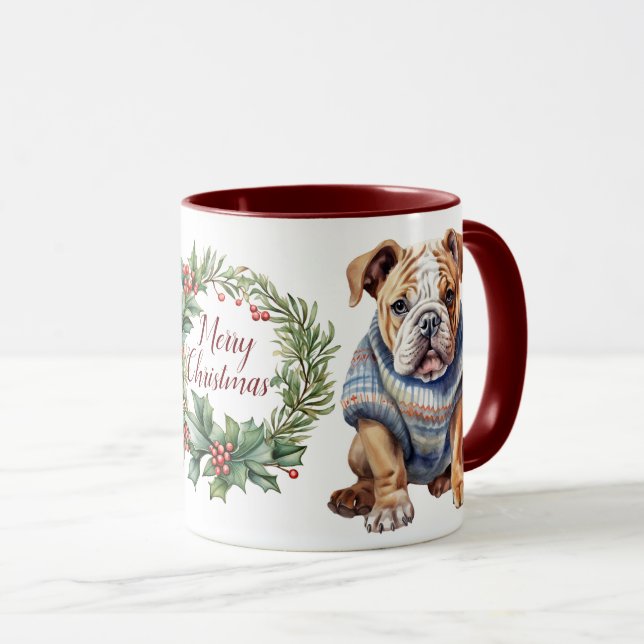 Cute Merry Bulldog Dog Christmas Mug (Front Right)