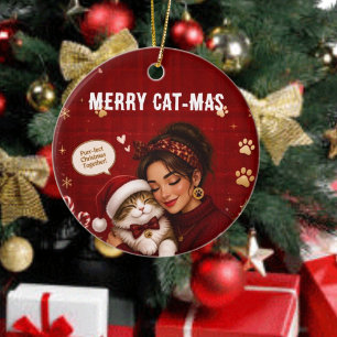 Cute Merry Cat-Mas Crimson Christmas Photo Name Ceramic Tree Decoration
