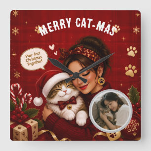 Cute Merry Cat-Mas Crimson Christmas Photo Square Wall Clock