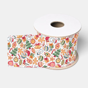 Cute Merry Christmas Aesthetic -Festive Pattern Grosgrain Ribbon
