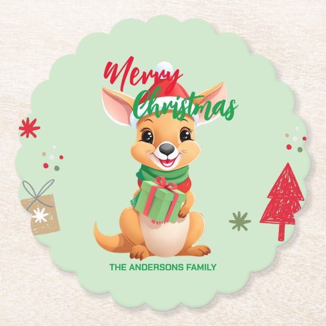 Cute merry christmas Baby Kangaroo Santa Scarf hol Paper Coaster (Front)