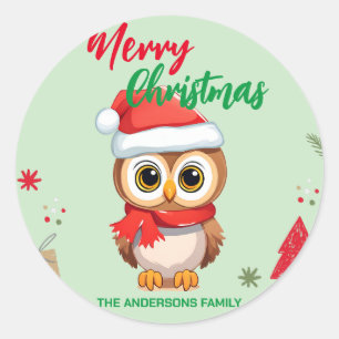 Cute merry christmas Baby Owl Santa Scarf holiday Classic Round Sticker