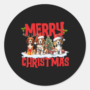 Cute Merry Christmas Beagle Dog Santa Hat Reindeer Classic Round Sticker