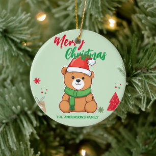 Cute merry Christmas Bear Santa Scarf holiday Ceramic Tree Decoration