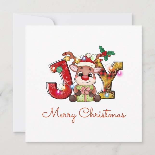 Cute Merry Christmas Calf Joy Santa Hat Holly Star Holiday Card (Front)